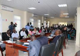 Honorable Dr Riek Gai Kok, the Minister of Health  addressing the participants during the Emergency Advisory Committee Meeting on Ebola Preparedness in South Sudan  