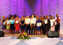 President Danny Faure and Health Minister Jean Paul Adam with health staff with 40 years’ service