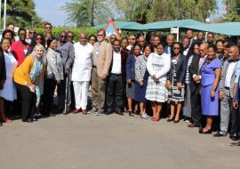 RRT participants and facilitatators with Dr M Ovberedjo (WHO Representative, 8th from left and in white apparel) on his right is Dr B Bonkoungou (WHO/AFRO Technical Officer - Training) and to his left is Dr P Gasquet (WHO/Lyon Team Lead - Learning Solution and Training)