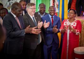 Cabinet Secretary Hon Sicily Kariuki, right, WR Dr Rudi Eggers join other dignitaries to celebrate malaria vaccine roll-ou