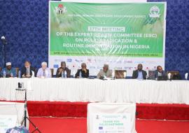 ERC Chairman, professor Oyewale Tomori(5th Right) ED of NPHCDA, Dr Shuaib (4th Left and members of the 37th ERC in Abuja 