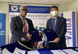   WHO Representative in Uganda, Dr Yonas Tegegn Woldemariam and KOICA Country Director, Mr. Kim Taeyoung upon signing the agreement to improve RMNCAH services in Busoga sub-region