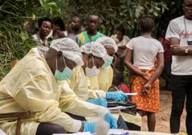 Preparation and disinfection of a house by the IPC team in Moto, Bikoro, Equateur Province, after the discovery of a confirmed Ebola case.