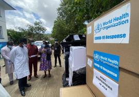 The Hon. Minister of Health and Sanitation, Dr Wurie, the WHO Representative Mr Liyosi and officials inspecting the consignment that was donated to the Ministry of Health and Sanitation