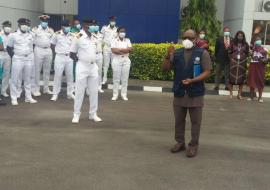 Dr Terna Nomhwange of WHO sensitizing Staff of Nigerian Navy Reference Hospital, Calabar on Covid 19 vaccines and vaccination..jpg