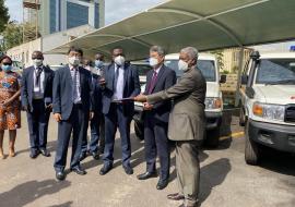 Ministry of Health Director of Clinical Services, Dr. Charles Olaro officially receives the ambulances from the Ambassador of Korea to Uganda H.E Ha Byung-Kyoo and WHO Representative in Uganda Dr Yonas Tegegn Woldemariam