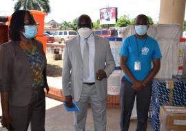 Health Min. Dr. Jallah, WHO Country Rep. Dr. Clement and WHE Cluster Lead Dr. Monday during the donation ceremony in Monrovia