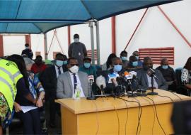 Dr Walter Kazadi Mulombo (2nd right) addressing journalists at the hand-over ceremony of 699,760 doses of AstraZeneca vaccine in Abuja Photo_WHO/Owoseye