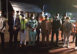 Group photo of dignitaries at the arrival and handover ceremony of the second batch of 96000 doses of the AstraZeneca COVID-19 vaccine at the Roberts International Airport 