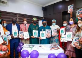 Dr Osagie Ehanire Honourable Minister of Health, Dr (Senator Adeleke Olorunnimbe, Hon, minister of State for Health, Dr Walter Kazadi Mulombo alongside other dignitaries at the launch of the documents