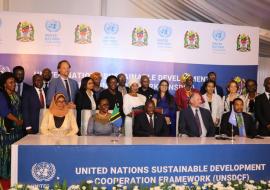 Heads of UN Agencies on a posed photo with the Guest of Honor during the launch