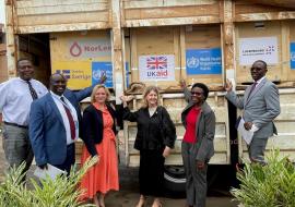 Handover Ceremony at MoH Uganda. From left to right: Dr Olaro Charles, Director Clinical Services - MoH; Dr. Charles Njuguna, the WCO Incident Manager; HE Kate Airey OBE, British High Commissioner to Uganda; HE Maria Håkansson, Ambassador of Sweden to Uganda; Dr Jane Ruth Aceng Acero, Uganda's Minister of Health; Dr Daniel Kyabayinze, Director Public Health - MoH