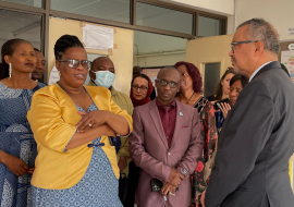 WHO Director-General Tedros Adhanom Ghebreyesus speaks to staff at Julia Molefhe Clinic in Gaborone during his tour of the facility.