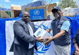 Professor Dangou affirmed handing over cholera commodities to Dr. Mukuzunga, Provincial Medical Director of Manicaland Province