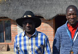 Hompa Alfons Kaundu of the Mbunza Traditional Authority (left) was the first person to get vaccinated in Sigone village in Kavango West. He is pictured here with Johannes Kambembe, the Primary Health Care Coordinator for Ncamagoro District in Kavango West also played a crucial role in getting communities vaccinated against Covid-19