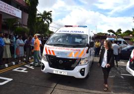 The minister of Health and Wellness, Dr Jagatpal, and WR, Dr Ancia, inspect one of the new vehicles.