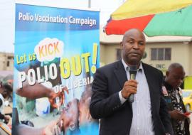  WHO Liberia  Expanded Program on Immunization Officer addresses the audience during the launch of the nationwide polio vaccination campaign in Liberia