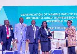 The Rt Hon Prime Minister of Namibia, Dr Saara Kuugongelwa-Amadhila receiving the PTE awards from the WHO Regional Director for Africa, Dr Dr Matshidiso Moeti. Witnessing the event are the Hon. Dr. Kalumbi Shangula, Minister of Health and Social Services, HE Dr Jean Kaseya, Director General of Africa CDC and Mr Ben Nangombe, Executive Director in the Ministry of Health and Social Services