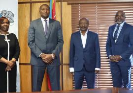 Prime Minister of the Kingdom of Eswatini Mr. Russell Dlamini with the WHO Representative Dr Susan Tembo, AFRO Senior Health Emergency Officer Dr Solomon Fisseha Woldetsadik, and UN Eswatini Resident Coordinator Mr. George Wachira during a consultation meeting with the PM in his offices in Mbabane