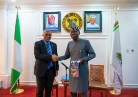 WHO Nigeri Country Representative Dr W.K Mulombo presenting the CCSIV document to Lagos State Governor, Mr B. Sanwo-Olu during an advocacy visit in Lagos. 