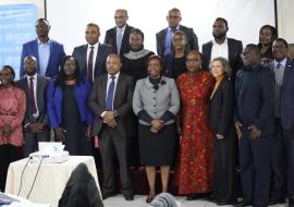 Minister of Health Honorable Mduduzi Matsebula and the WHO Representative Dr Susan Tembo posing with the team of external experts during the official opening of the JEE   