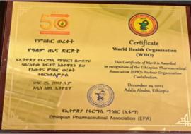 WHO Receives Certificate of Merit for Contributions to Ethiopia's Pharmaceutical Sector