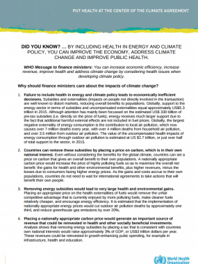 Overview  Learn more about about climate change, its impact on health and what you can do to help. Read our short summaries designed for specific audiences from Health Ministers to the general public