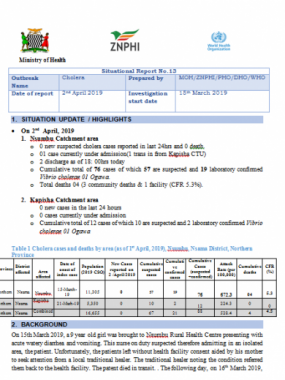 Zambia Cholera Situation Report - 2 April 2019