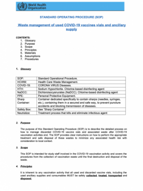 Standard Operating Orocedure (SOP): Waste management of used COVID-19 vaccines vials and ancillary supply