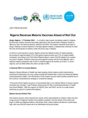 JOINT PRESS RELEASE    Nigeria Receives Malaria Vaccines Ahead of Roll Out