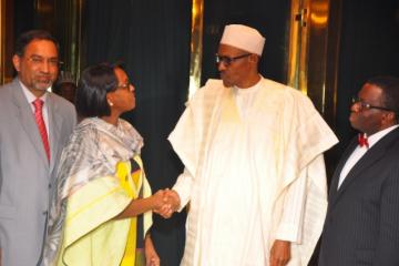 President Buhari of Nigeria welcoming the WHO RD, Dr Moeti to the State House in Abuja