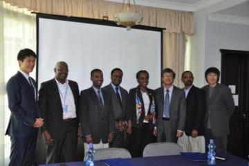 L-R: YongWhan Kim, Deputy Representative, KOICA Ethiopia; Kebba O’Jaiteh, Outbreak Crisis and Response Coordinator, WHO Ethiopia; Daddi Jimma, Deputy Director General of EPHI and Chair of the National Ebola Preparedness and Response Technical Working Group; Pierre M’Pele-Kilebou, WHO Representative to Ethiopia; Admas Tefera, Preparedness, Surveillance and Response Programme Coordinator, WHO Ethiopia; ByungHwa Lee, KOICA Resident Representative to Ethiopia; Mer’Awi Aragaw, Public Health Emergencies Advisor t