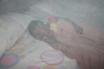 Child sleeping under a mosquito net