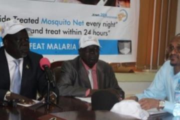 The Hon Minister of Health Dr Riek Gai Kok, State Minister for Health of Central Equatoria, Hon Dr Emmanuel Ija and the WHO Representative, Dr Abdi Mohammed at the press conference