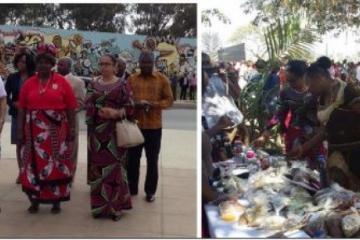 À esquerda: Sua Excelência a Ministra da Saúde, a Presidente da Associação dos Médicos Tradicionais de Moçambique (AMETRAMO) e a Representante da OMS na Cerimónia de deposição de flores na Praça da Independência. À direita: Representante da OMS, a Directora do Instituto de Medicina Tradicional e a Presidente da AMETRAMO na Visita à Feira de Saúde, na Praça da Paz.