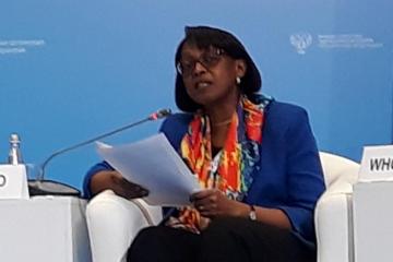 Dr Moeti delivering her speech at the first WHO Global Ministerial Conference on ending TB in the sustainable development era