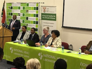 Dr Aaron Motsoaledi (Minister of Health), Ms Aneliswa Cele (Chief director, Environmental Health), Dr Brian Chirombo (OIC, WHO), Dr Kerrigan McCarthy (IMT Lead, NICD),  Ms Precious Matsoso (DG, Health)