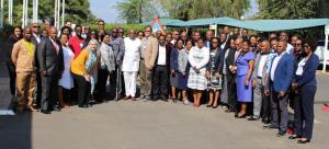 RRT participants and facilitatators with Dr M Ovberedjo (WHO Representative, 8th from left and in white apparel) on his right is Dr B Bonkoungou (WHO/AFRO Technical Officer - Training) and to his left is Dr P Gasquet (WHO/Lyon Team Lead - Learning Solution and Training)