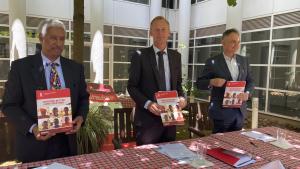 L:R- WHO Representative Dr Yonas Tegegn, Danish Ambasador in Uganda, H.E Nicolaj Petersen and UNFPA Representative Mr Alain Sibenaler at the grant signing ceremony