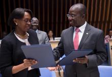 Dr Matshidiso Moeti and Brahima Sanou at the signing of the agreement