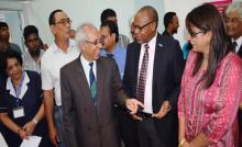 Dr L. Musango, WHO Representative in Mauritius (in the centre) discussing with Dr A. Husnoo, Health Minister in the presence of Mrs R. Jadoo-Jaunbocus, Minister of Gender Equality, Child Development and Family Welfare