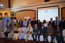 Group photo:  Dr Hon. A. Husnoo, Health Minister with eminent personalities, namely Her Excellency, Ms Marjanna Sall, the Ambassador of European Union, Mrs Christine  Umutoni, United Nation Resident Coordinator and UNDP Resident Representative, Dr Laurent Musango, the WHO Representative in Mauritius, Mr  Prakash Nowbuth, Senior Chief Executive, Dr Maryam Timol, the acting Director General Health Services and Mrs Mudaliar, Permanent Secretary of the Ministry of Health and Quality of Life