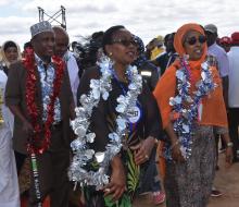 Health Cabinet Secretary Mrs Sicily Kariuki  (middle) with her Somalia counterpart Hon Fauziya Abikar Nur and Garissa governor Ali Korane as they arrived at the Garissa venue