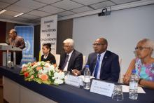 The closing ceremony: from left to right: standing - Mr Bhojuharry, Master of Ceremony, sitting - Mrs A. Doomun, Chief Nutritionist, Dr I. Nawoor, Ag Director Health Services, Dr L. Musango, WHO Representative in Mauritius and Dr H. Bekele, Nutrition Advisor, WHO IST/ESA