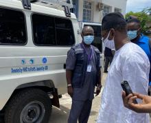 A fully equipped Toyota Land Cruiser ambulance donated by WHO to the Ministry of Health and Sanitation with funding from the African Development Bank