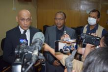 Dr Hon k. K. Jagutpal, Minister of Health and Wellness and Dr L. Musango, WHO Representative in Mauritius talking to the media after the launching of the COVID-19 Vaccination Training for Health Workers