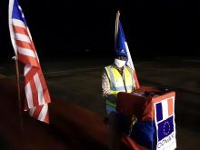 Acting WHO Representative in Liberia, Dr. Zabulon Yoti making remarks during the arrival and handover ceremony of the second batch of AstraZeneca COVID-19 vaccine in Liberia