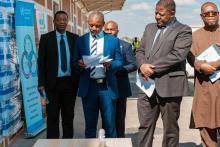 MoHCC Permanent Secretary Dr Jasper Chimedza,  Ministry of Health and Child Care, Chief Director Public Health. Munyaradzi Dobbie and The WHO Country Representative for Zimbabwe Professor Jean-Marie Dangou during the hand over ceremony 