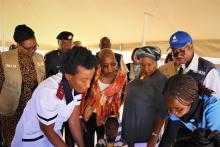 Ms. Hopolang Phororo, UN Resident Coordinator with the Governor of the Khomas Region, Honorable Laura McCleod, WHO Representative, Dr Charles Sagoe-Moses and UNFPA Representative,  Gift Malunga during the UN  joint visit as part of the Social Transformation Pillar.  