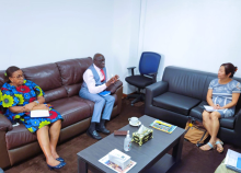 Figure 2: Dr. Clement Peter stresses a point while Ms. Sandra  Bird (right) and Dr. Musu Duworko pay close attention